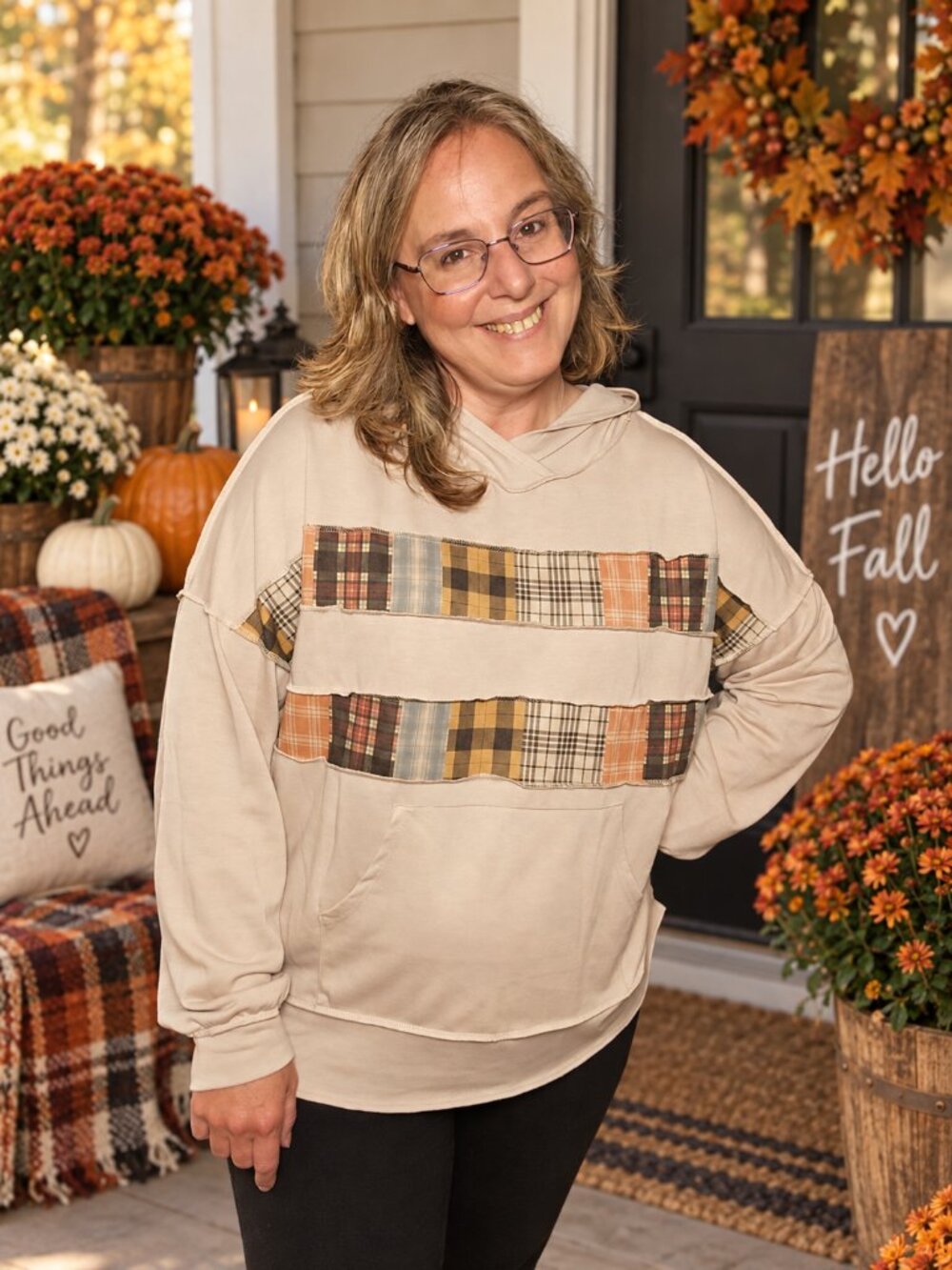 Patchwork Plaid Stripe Hoodie – Taupe